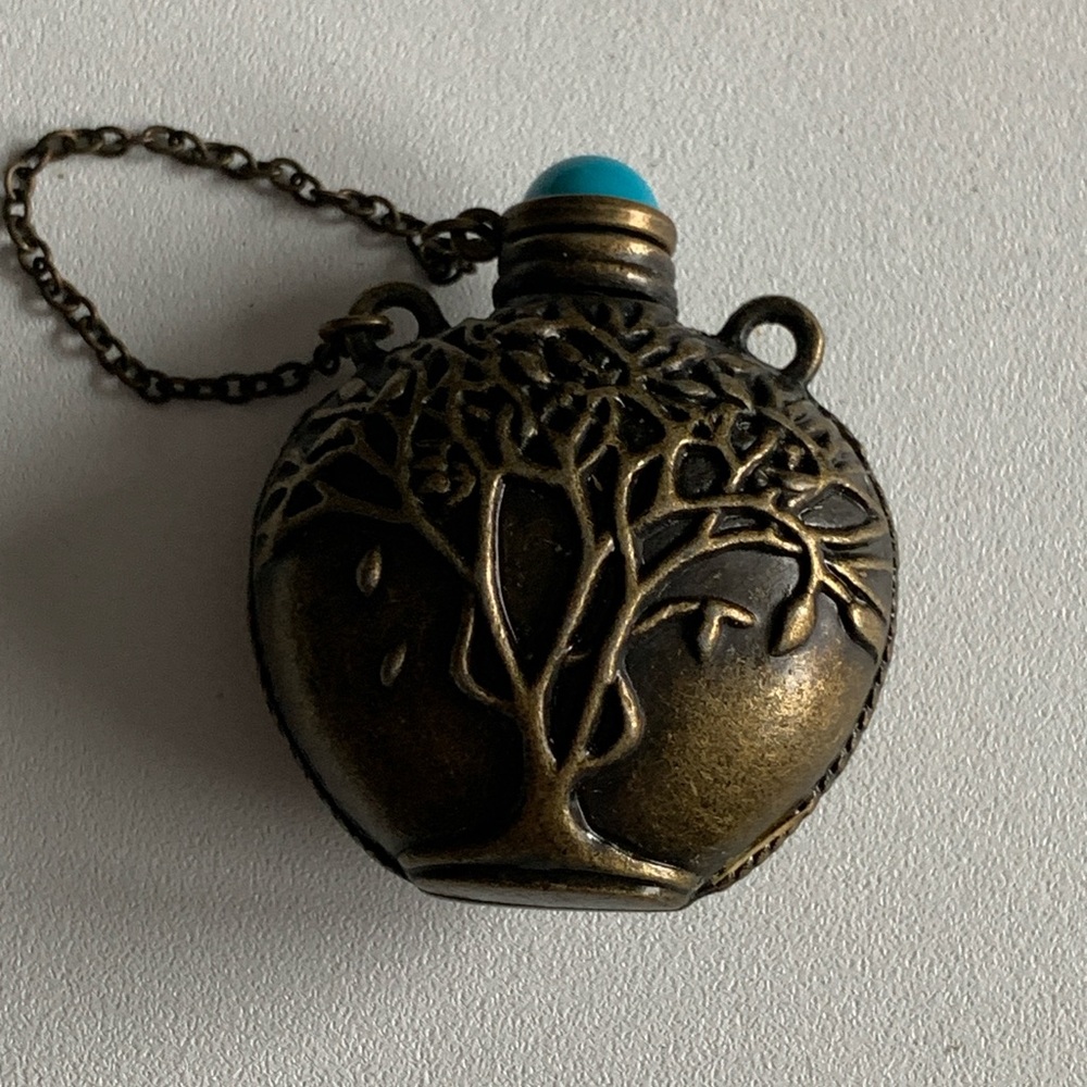 Vintage Bronze Tree of Life Pendant Charm Potion Bottle with Blue Stone - Picture 1 of 4